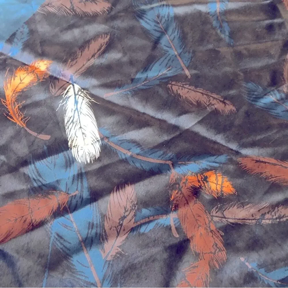Unbranded silk feather print blue and brown large scarf